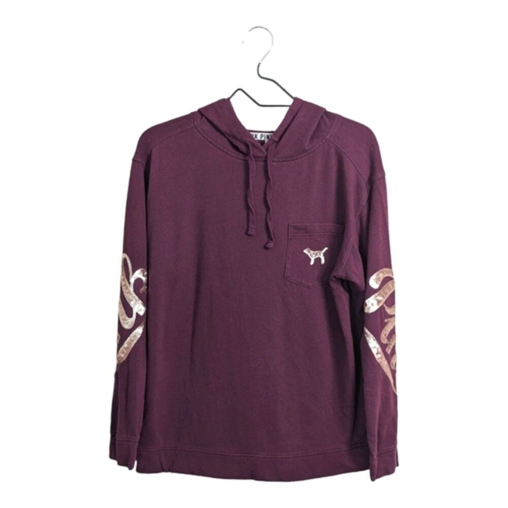 PINK Victoria's Secret Woman Purple Pullover Sweatshirt Hoodie Sequins Dog S